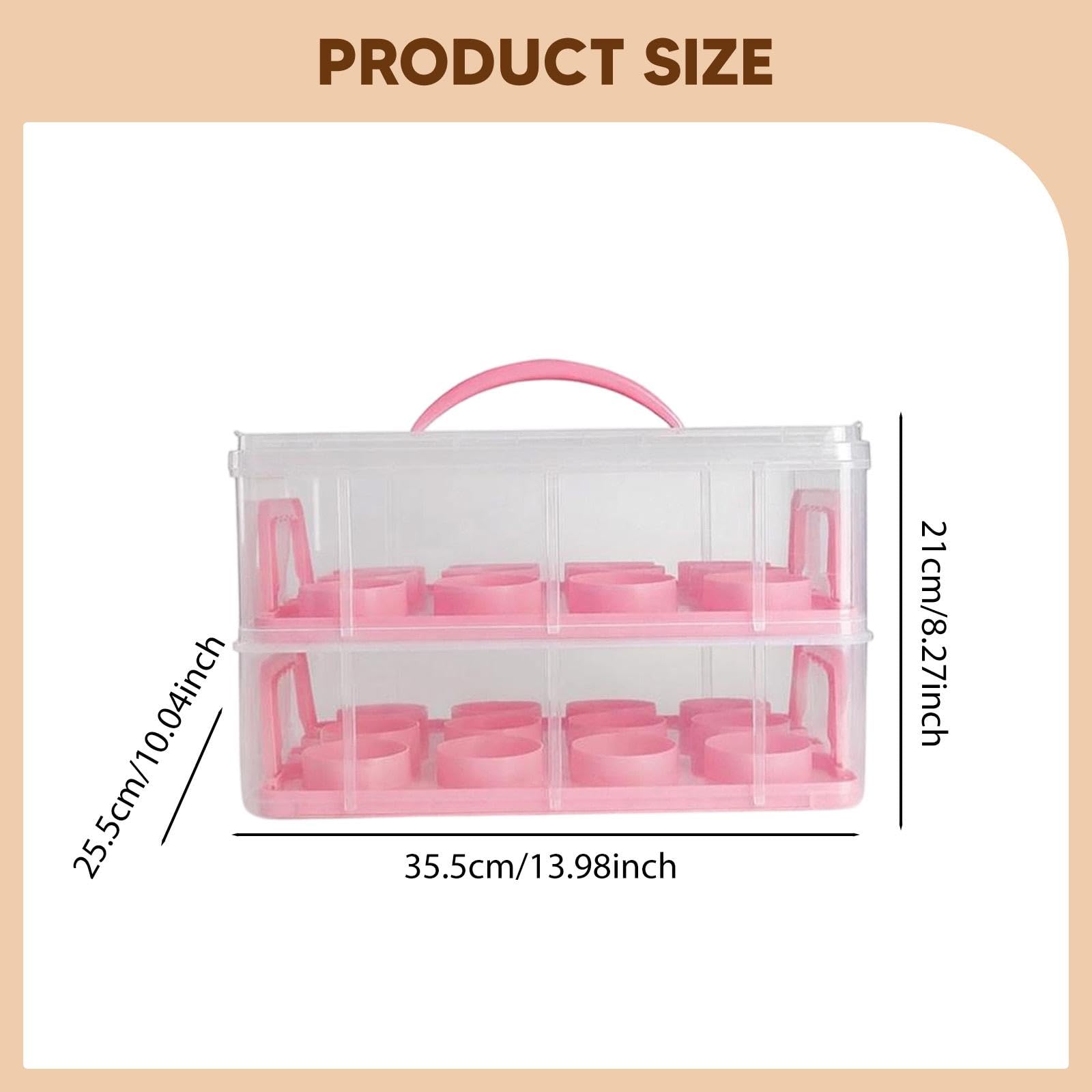 Qianly Caja portatartas de cumpleaños con asa, 24 Compartimentos, Ligera, de Dos Niveles, para Guardar Pasteles y horneados, Rosa