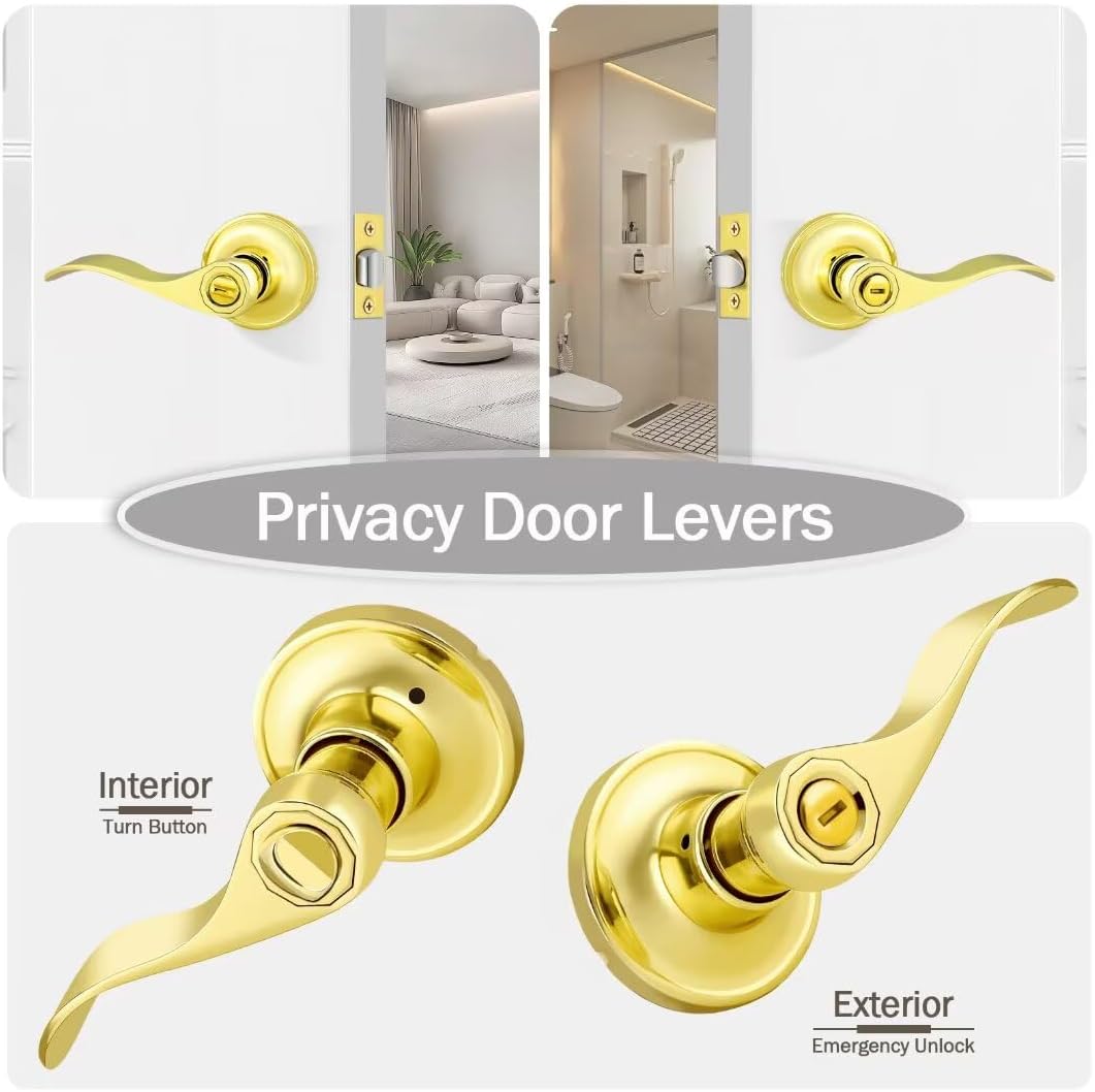 3 Pack Gold Door Handles Interior, Privacy Door Handles for Bathroom and Bedroom, Wave Style Door Lock Without Key, Zinc Alloy