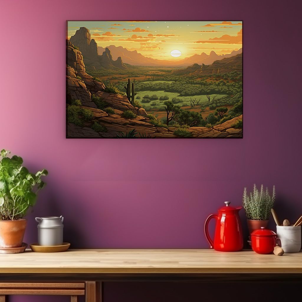 Canvas for Living room. Sunset Serenade in the Cacti-studded Desert Oasis, 27 x 18 inch Canvas Wall Art - Contemporary Masterpieces - Modern Home Decor