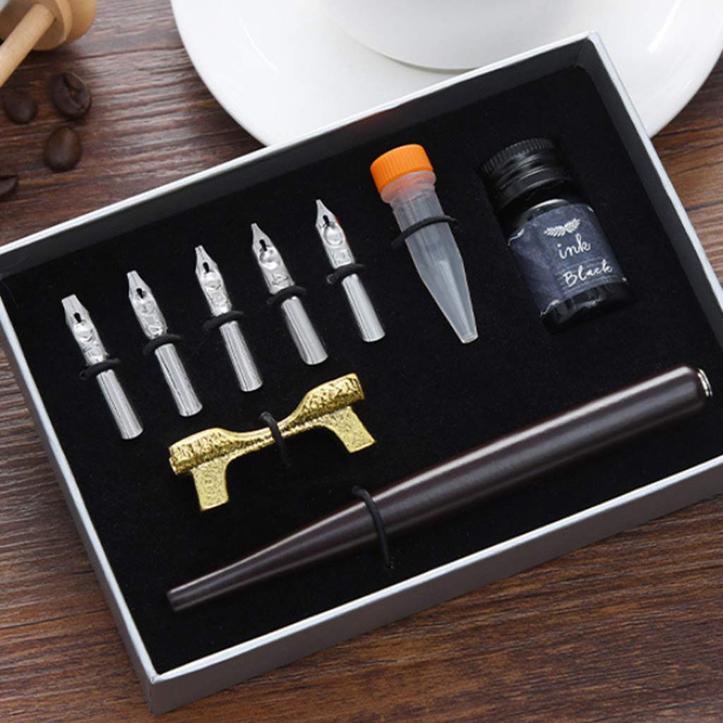 Calligraphy Fountain Dip Pen + 5 Nibs Ink Kit Gift Box for Lettering Sketching