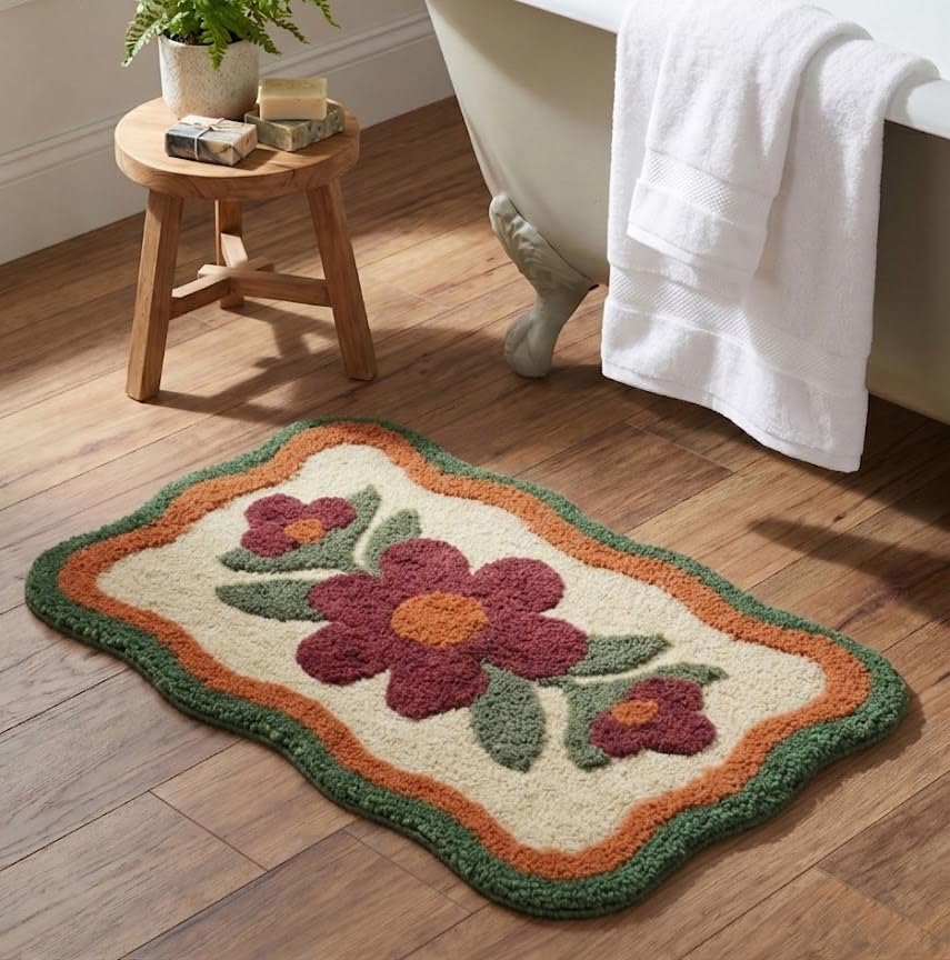 Saral Home Bellis Microfiber Floral Bath Mat | Soft & Absorbent Bathroom Rug | Anti-Skid & Quick Dry | Decorative Flower Design | 38 x 60 cm (Rust-1Pc)