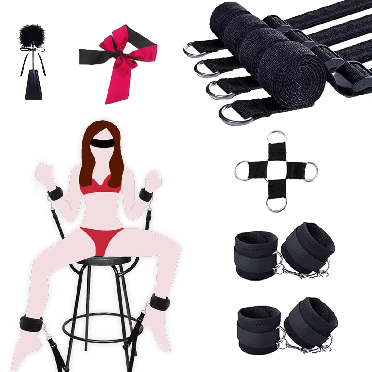 Kit BDSM Bondage per Coppie, Set di Restraints Bdsm con Manette, Bendaggio Occhi, Frustino, e Cinghie Letto - Giochi Erotici per Coppie e Adulti, Accessori Bdsm per Esperienze Intime Kinky