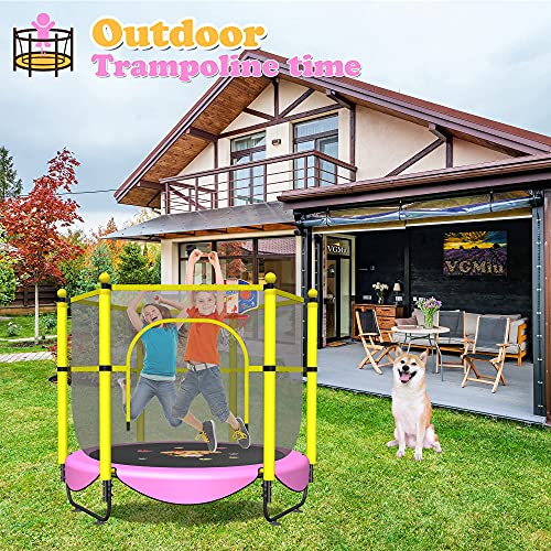 60" Trampoline for Kids, 5 FT Toddler Baby Trampoline with Safety Enclosure Net, Indoor or Outdoor Pink Small Trampolines with Basketball Hoop, Birthday Gifts for Kids, Gifts for Girl Age 3-8