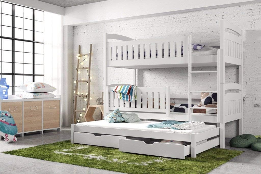 Modern Kids Children Wooden Solid Pine Bunk Trundle Bed BLANKA With Storage Drawers in White sold by Arthauss (Ladder on the right)