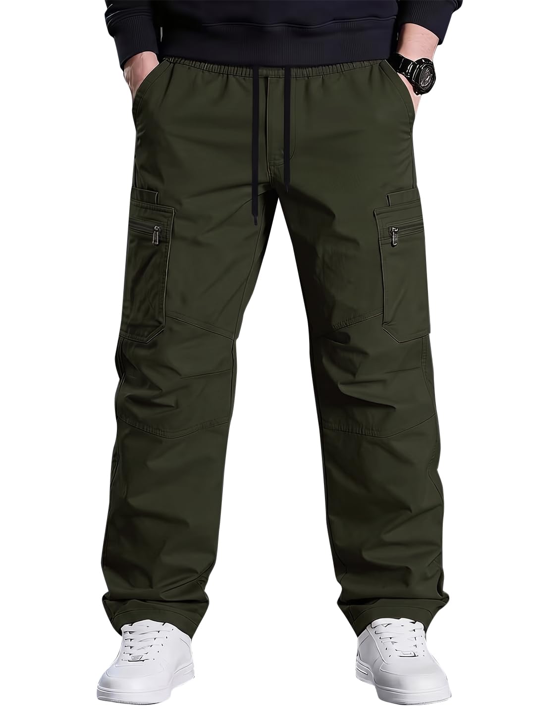 vogaan Men’s Solid Cotton Cargo Pants with Drawstring Waist, Regular Fit, Multiple Pockets with Zipper Casual Trousers-picture-19