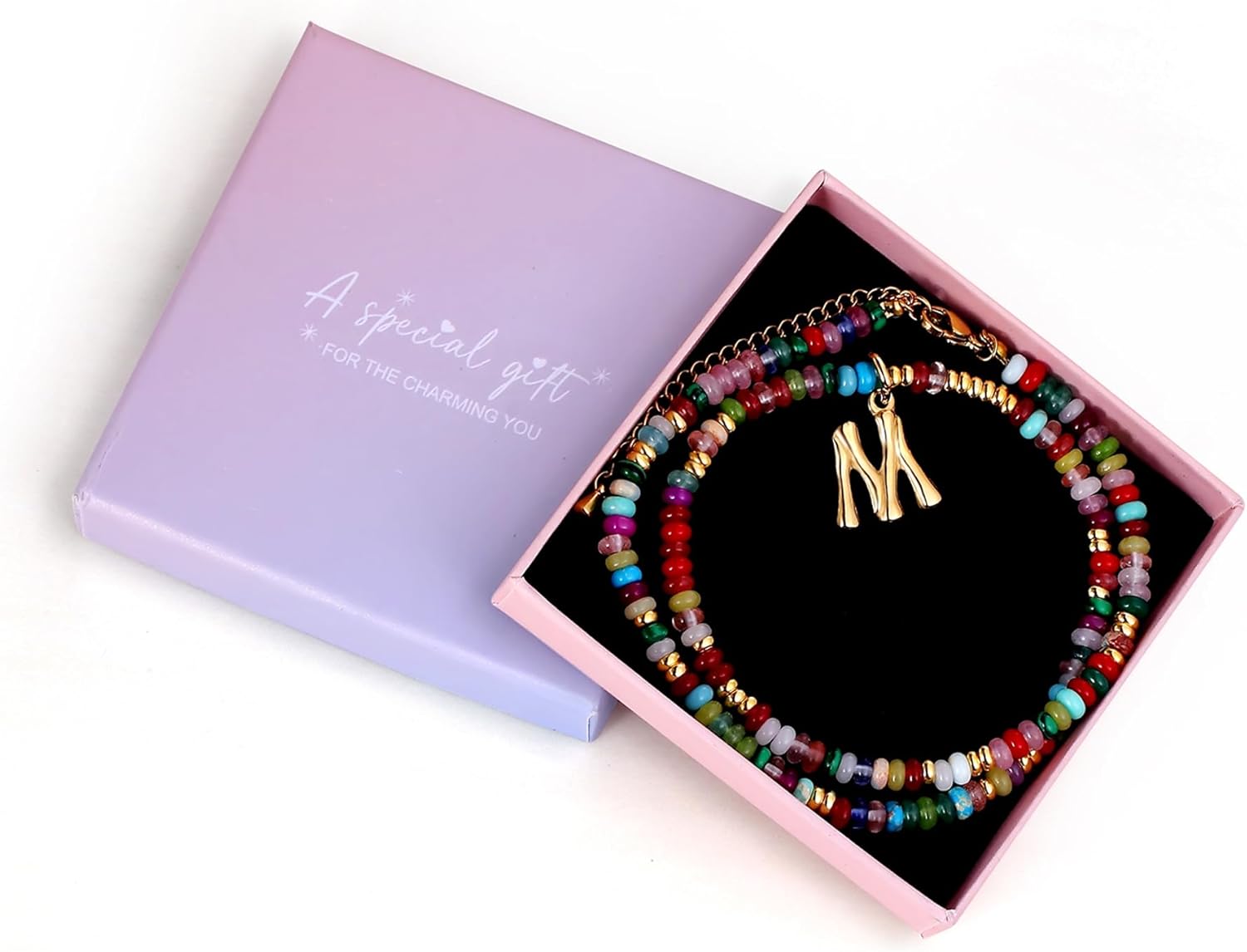 YOUFENG Initial Letter Necklaces for Women Colorful Beaded Gemstone Choker 14K Gold Plated Bamboo Letter Pendant Necklace Natural Stone Handmade Jewelry Gift - Image 6