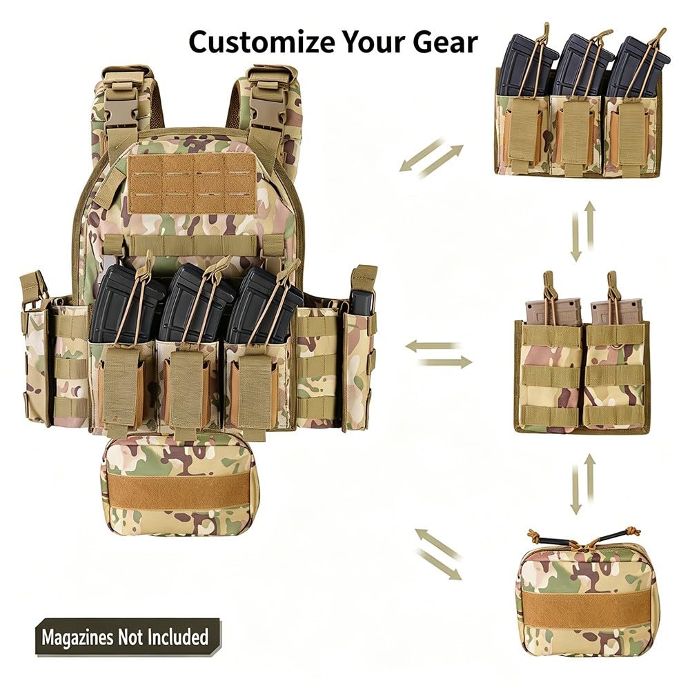 Chaleco Táctico Airsoft,Ajustable con Sistema MOLLE y Liberación Rápida, Chaleco Ligero y Transpirable con Bolsillos Modulares para Paintball Senderismo Caza Camping Outdoor