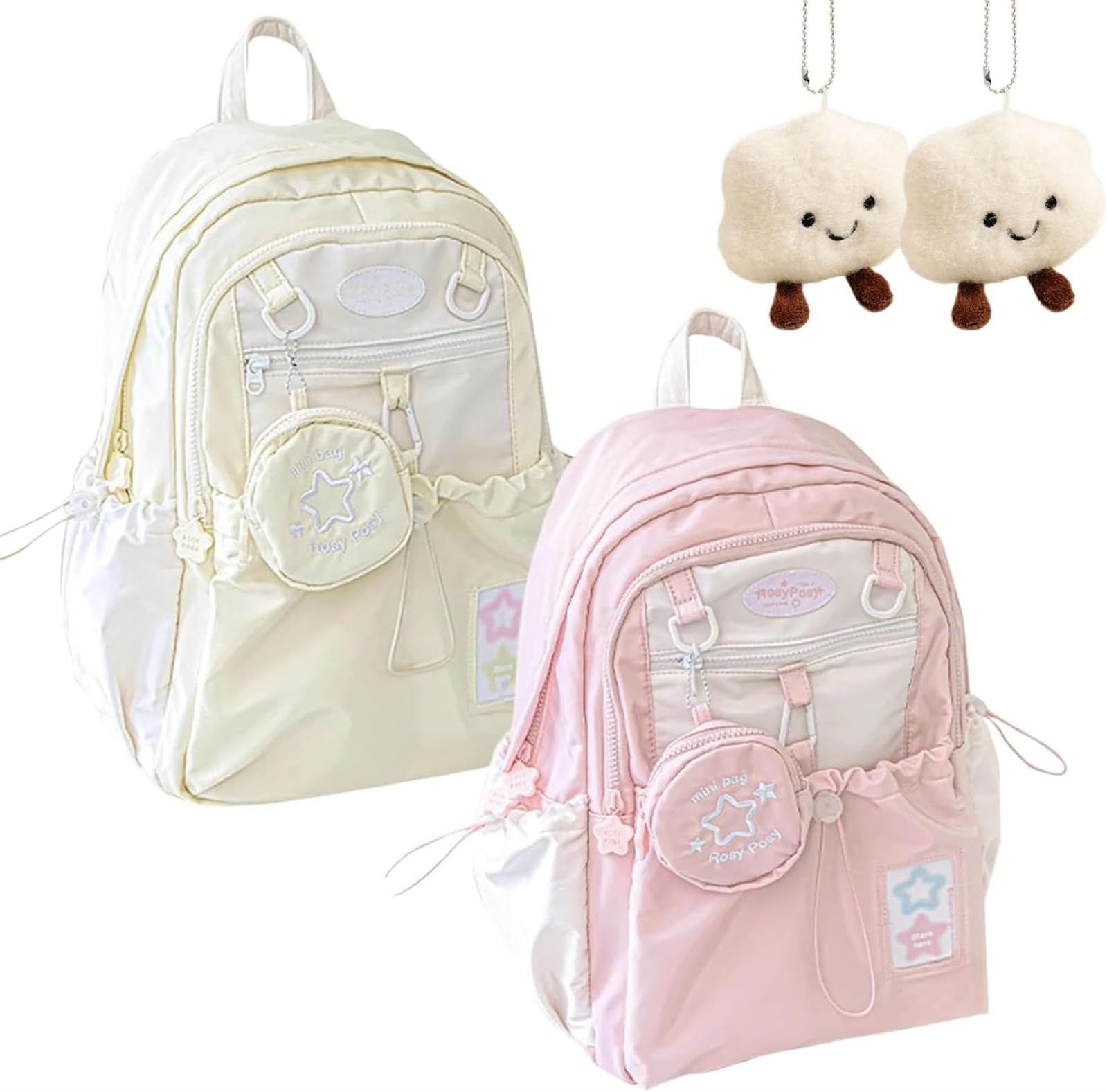 Rosy Posy Backpack, Cream Star Drawstring Backpack, Large Capacity Kawaii Cute Double Shoulder Bag, Durable Waterproof (Pink Yellow)