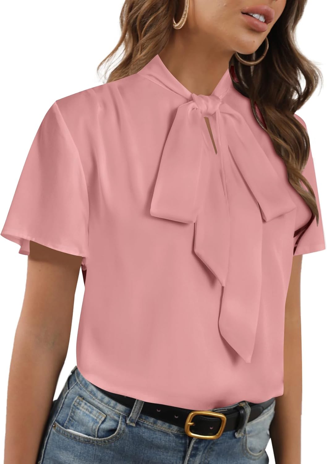 Rooscier Women's Bow Tie Neck Short Sleeve Casual Office Work Blouse Shirts Tops Pink Large - Image 5