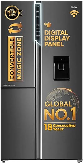 Haier 592 L, Wi-Fi enabled Water Dispenser Frost Free, 3-Door Side by Side Refrigerator with 83% Convertible Fridge Space & Expert Inverter…