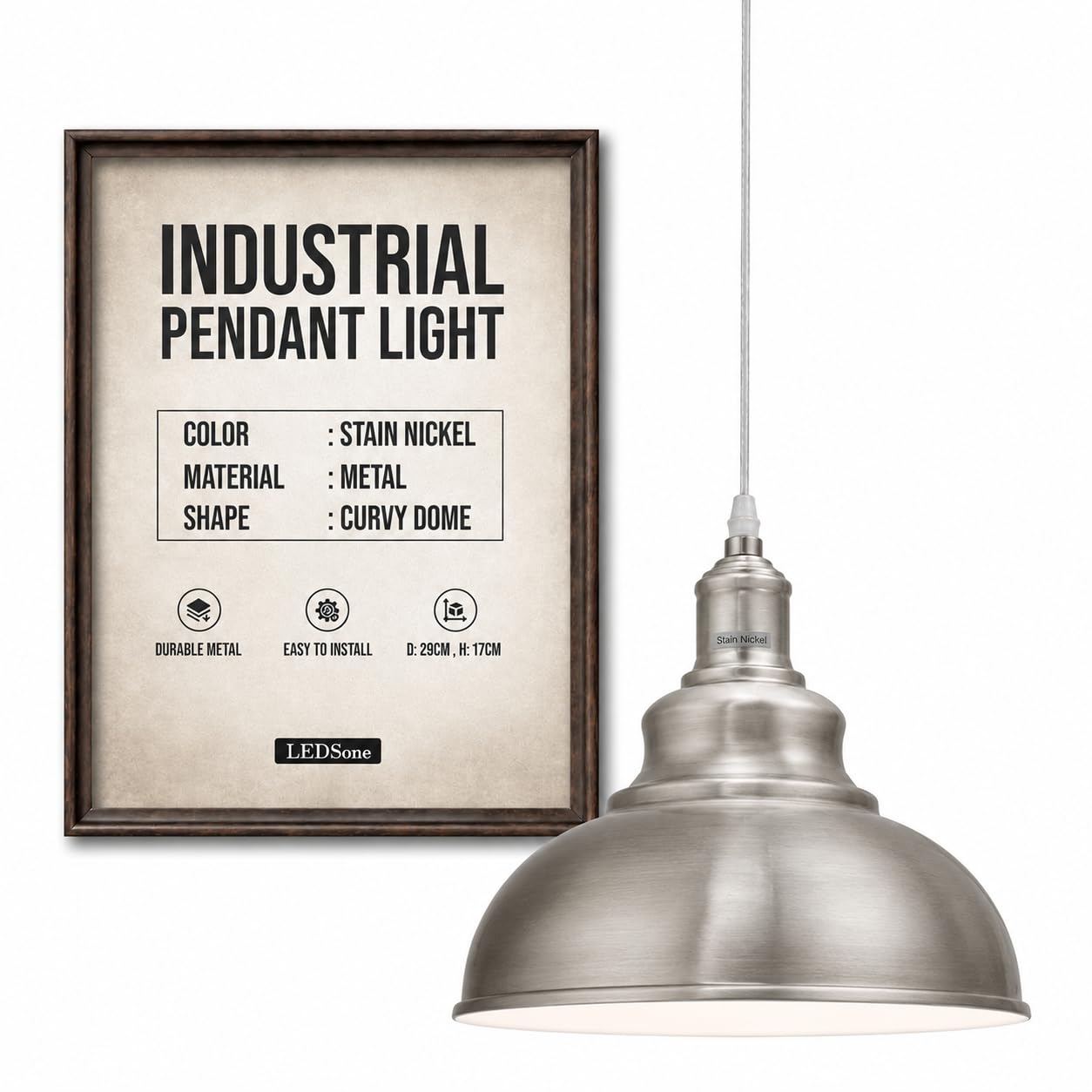 Ledsone Stain Nickel Vintage Curvy Dome Pendant Light 95Cm Adjustable Hanging Ceiling Fixture