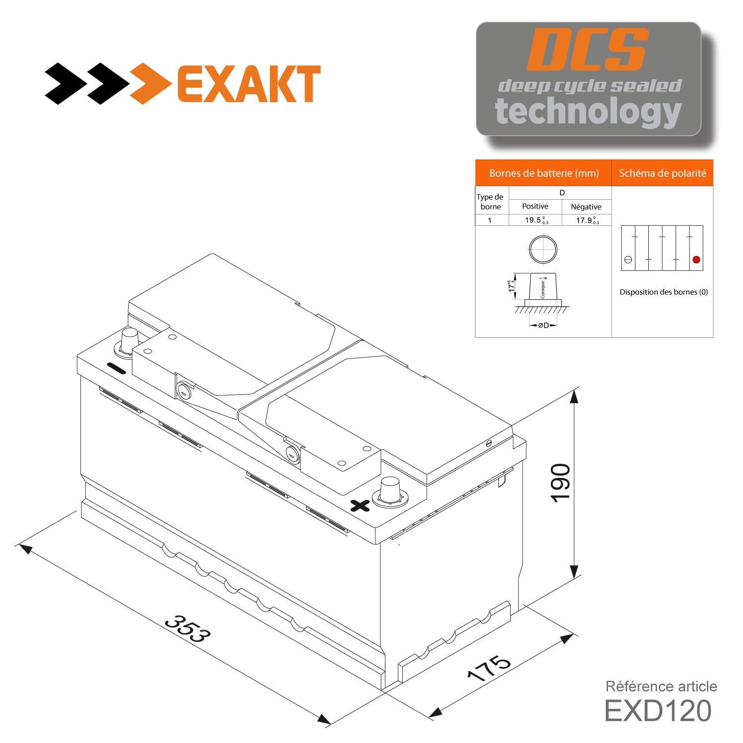 EXAKT batterie camping car 12V 120Ah caravane solaire bateau décharge lente