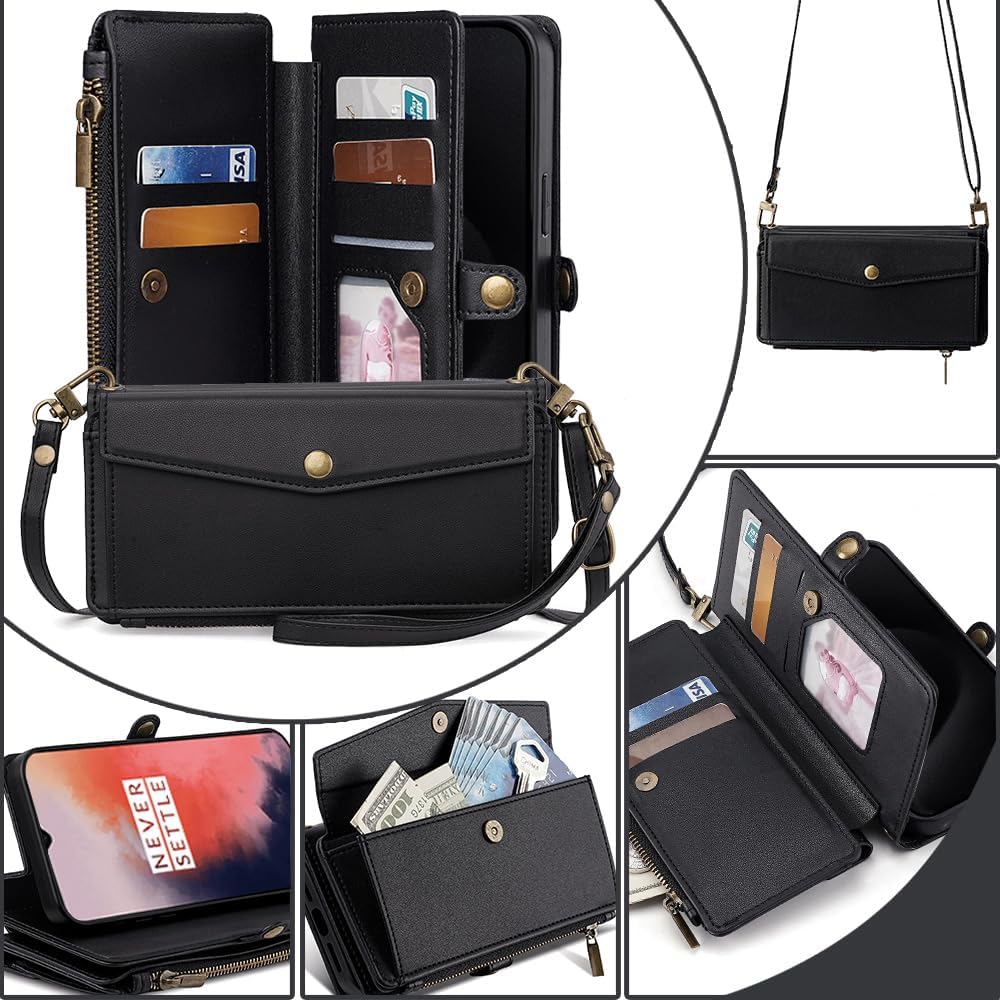 Asuwish Phone Case for OnePlus 7T Zipper Wallet Cover with Screen Protector and Leather Card Holder Slot Stand Wrist Strap Accessories OnePlus7t 5G One Plus7T 1 Plus T7 1plus + 1+ 1+7T Women Men Black