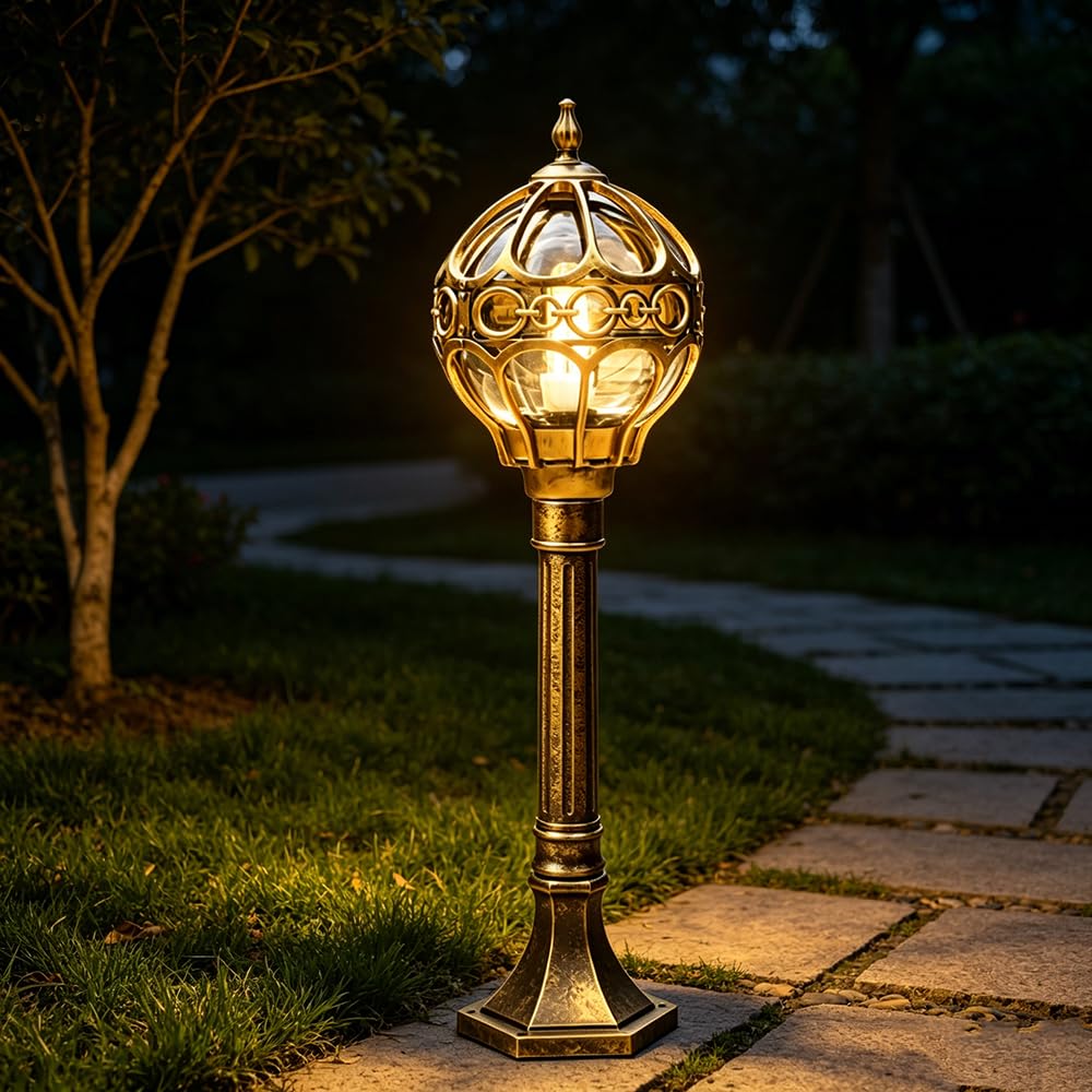 Mengjay Klassische Straßenbeleuchtung, Stehlampen in Gold und Schwarz erhältlich, 1 x E27, ideal für Landhäuser, Gärten, Terrassen und Außenbeleuchtung. (Gold)