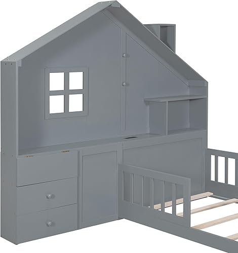 Miniatura 35 de Cama de madera de tamaño individual con cabecero en forma de casa con vallas, altura baja al suelo, para dormitorio de niños y niñas (blanco-01)