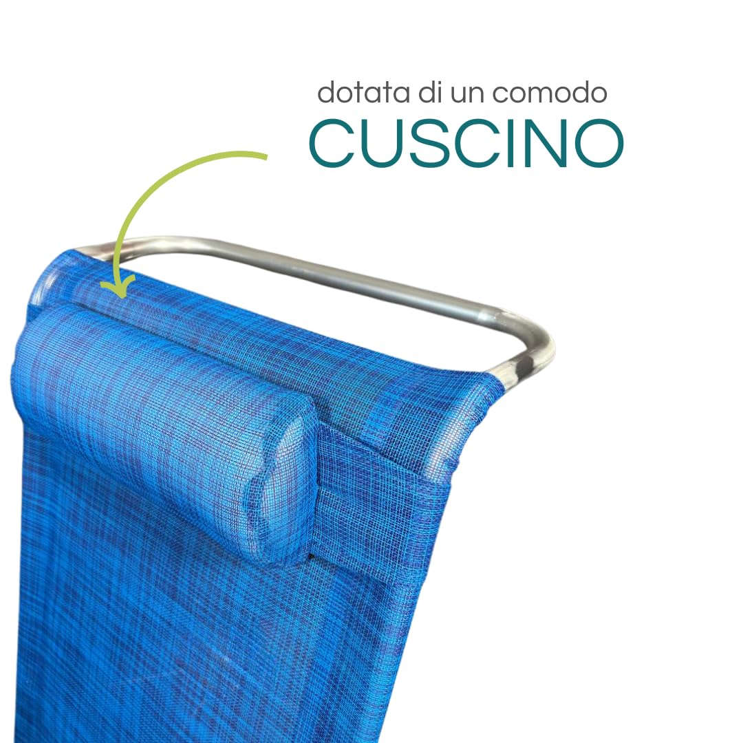 PALUPLUS Spiaggina Pieghevole con Braccioli, Misura 55x46x80 cm, Struttura Alluminio, Reclinabile in 7 Posizioni, Cuscino Poggiatesta, Sedia per Spiaggia, Piscina, Portata 100Kg -1771F (Blu)