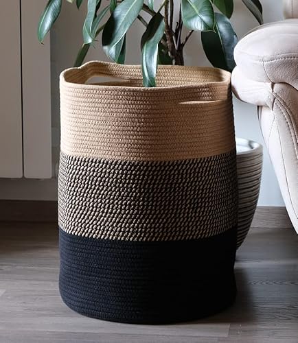 Cotton Rope Laundry Basket, Room Organizing, Bedroom Storage, Woven Collapsible Laundry Hamper, Clothes Hamper Black & Brown (Black & Brown) #TOP5