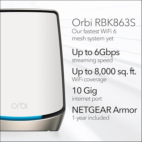 Miniatura 2 de NETGEAR Orbi Tri-Band WiFi 6 Mesh Network System (RBK863S) - Router + 2 extensores satelitales, características de seguridad, hasta 6 Gbps, hasta