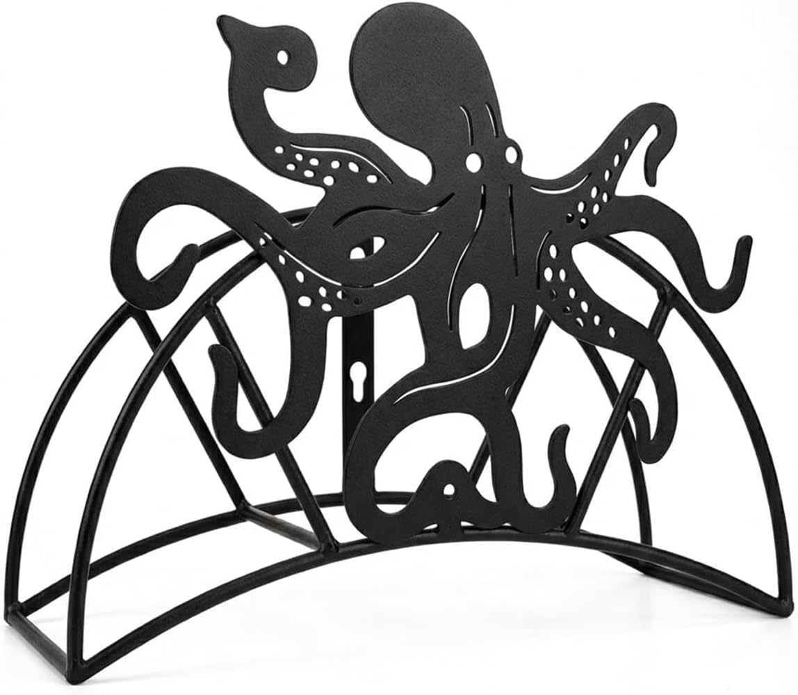Octopus Garden Hose Holders, Funny Ocean Animal Decor Durable Metal Wall Mount Hose Storage Rack, Holds 125' of 5/8" Outside Water Hose Organizer for Extension Cords Vacuum Lines - Black