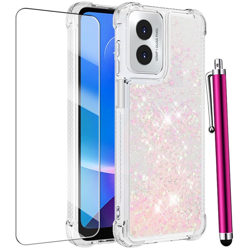 CAIYUNL for Motorola Moto G Play 2024 Case with Tempered Glass Screen Protector, Glitter Bling Liquid Floating Cute Women Girls Shockproof Soft