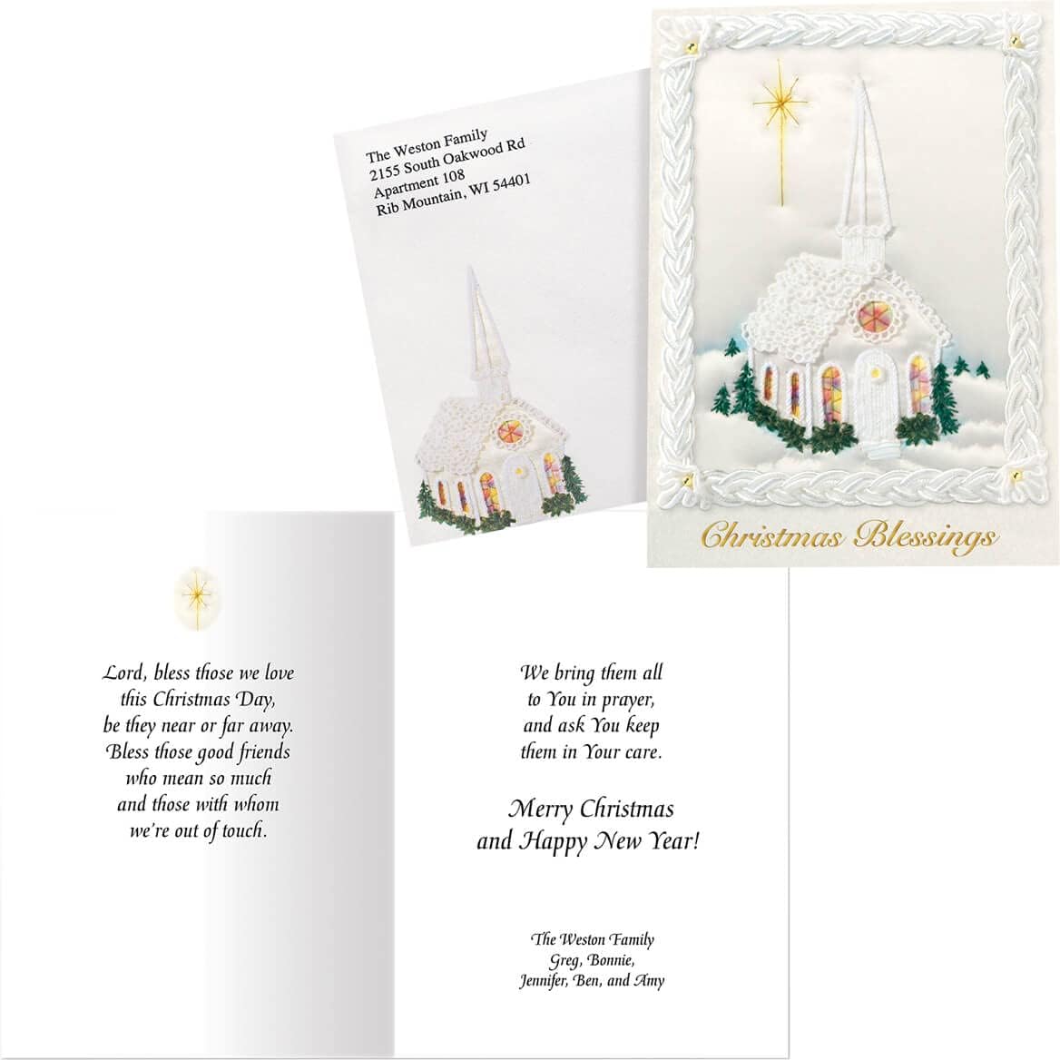 Fox Valley Traders Personalized Satin Chapel Christmas Card Set of 20, Back of Envelope Personalization Only