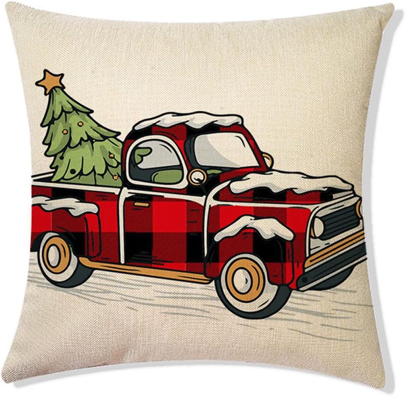 Mabozis Christmas Pillow Covers, 18x18 Inches Set of 4 Xmas Series Throw Cushion Cover Case Retro Farmhouse Christmas Decorations Linen Square Pillowcase for Home Sofa Couch Car