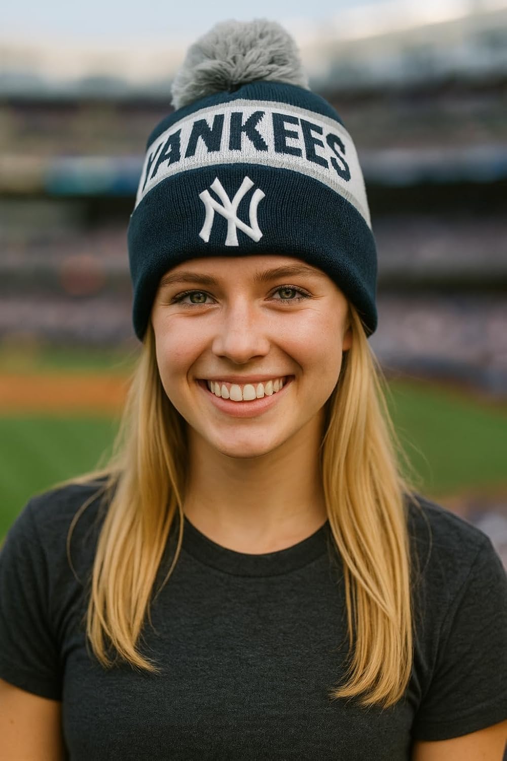 Officially Licensed New York Baseball Cuffed Knit Pom Beanie Hat Classic Edition NY Team Logo Embroidered Navy Blue Sports Cap