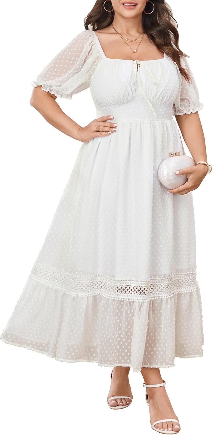 Women's Plus Size Maxi Dress Short Sleeve Square Neck Tie Front Swiss Dot A Line Wedding Guest Dresses