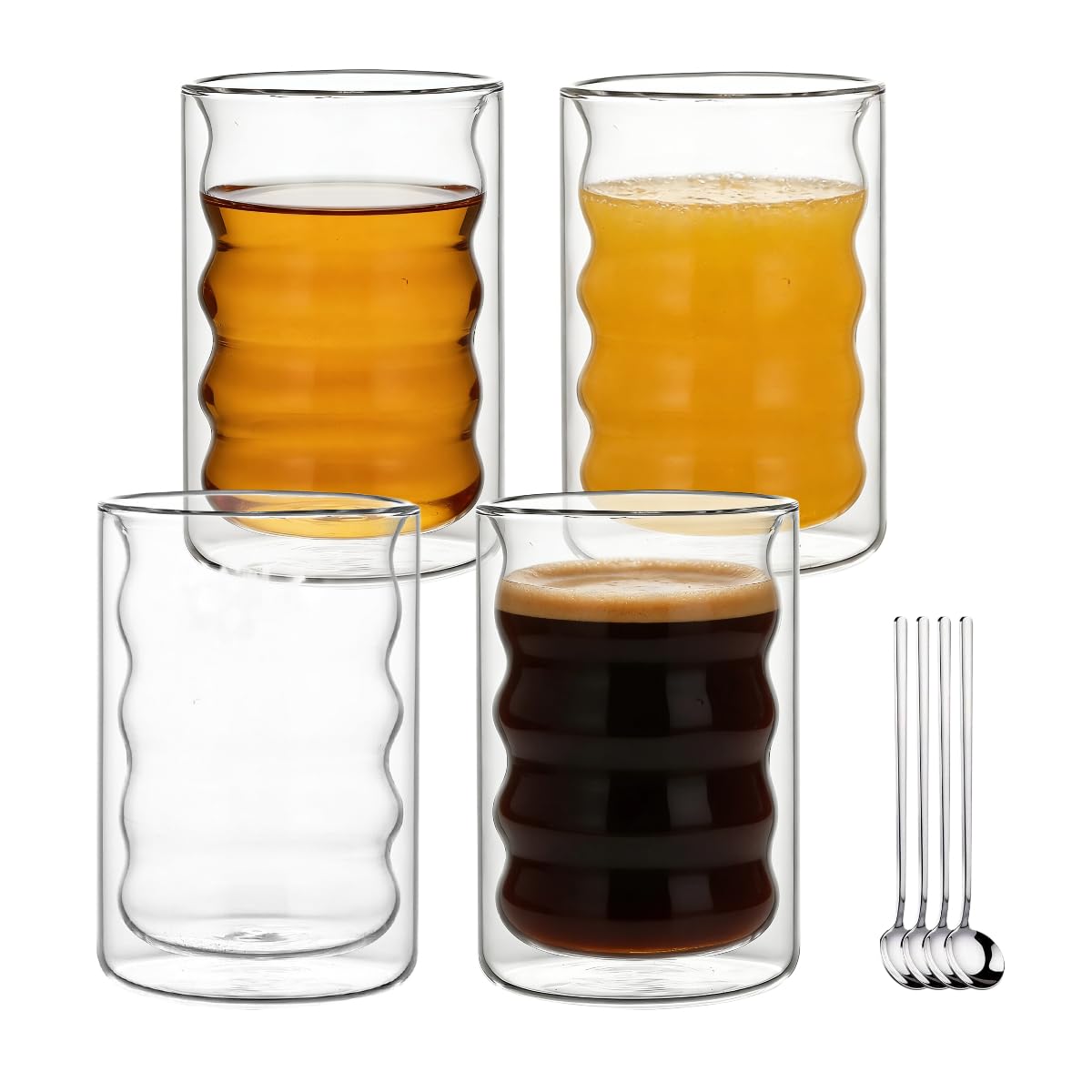 4er Set Cappuccino Tassen,Kaffeegläser,Doppelwandige Kaffeegläser,Glas Cappuccino Tassen Set mit 4 Löffeln,Ideal als Gläser Kaffeetassen Teegläser Espressotassen,Einzigartige Spiralförmige