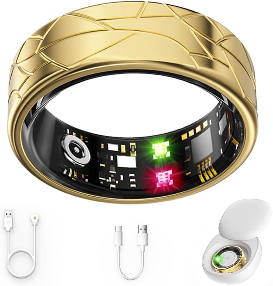 Smart Ring Fitness Tracker Sleep Tracking Heart Rate Monitor Pedometer, Waterproof Activity Tracker Fitness Ring Steps Counter, Gesture Controls for Short Video, 8 Days Last, #9, Classical Gold