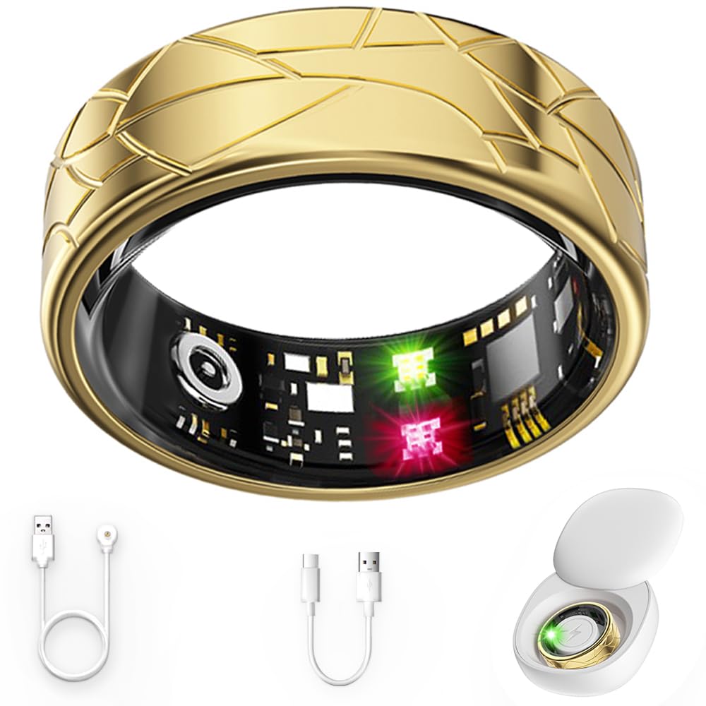 Smart Ring Fitness Tracker Sleep Tracking Heart Rate Monitor Pedometer, Waterproof Activity Tracker Fitness Ring Steps Counter, Gesture Controls for Short Video, 8 Days Last, Classical Gold, #8