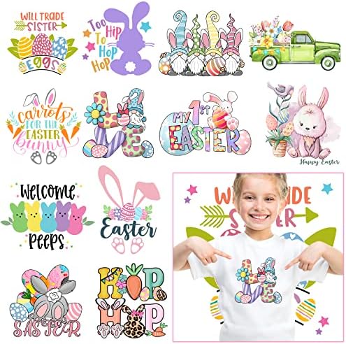 Easter Iron on Decals for T Shirts Heat Transfer Design, Heflashor 12 PCS Bunny Gnome Iron on Transfers Appliques Crafts with Egg Pattern Iron on Patches for Easter Clothing Hoodies, DIY Supplies