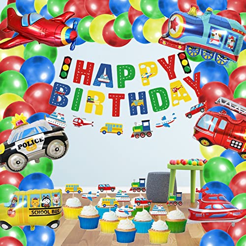 Koyatti Transportation Birthday Party Decorations Set For Boys Kids,46 Pack Balloons Garland Arch Kit Vehicle Construction With Happy Birthday Banner,Transportation Tattoo Stickers,Cake Topper #TOP4