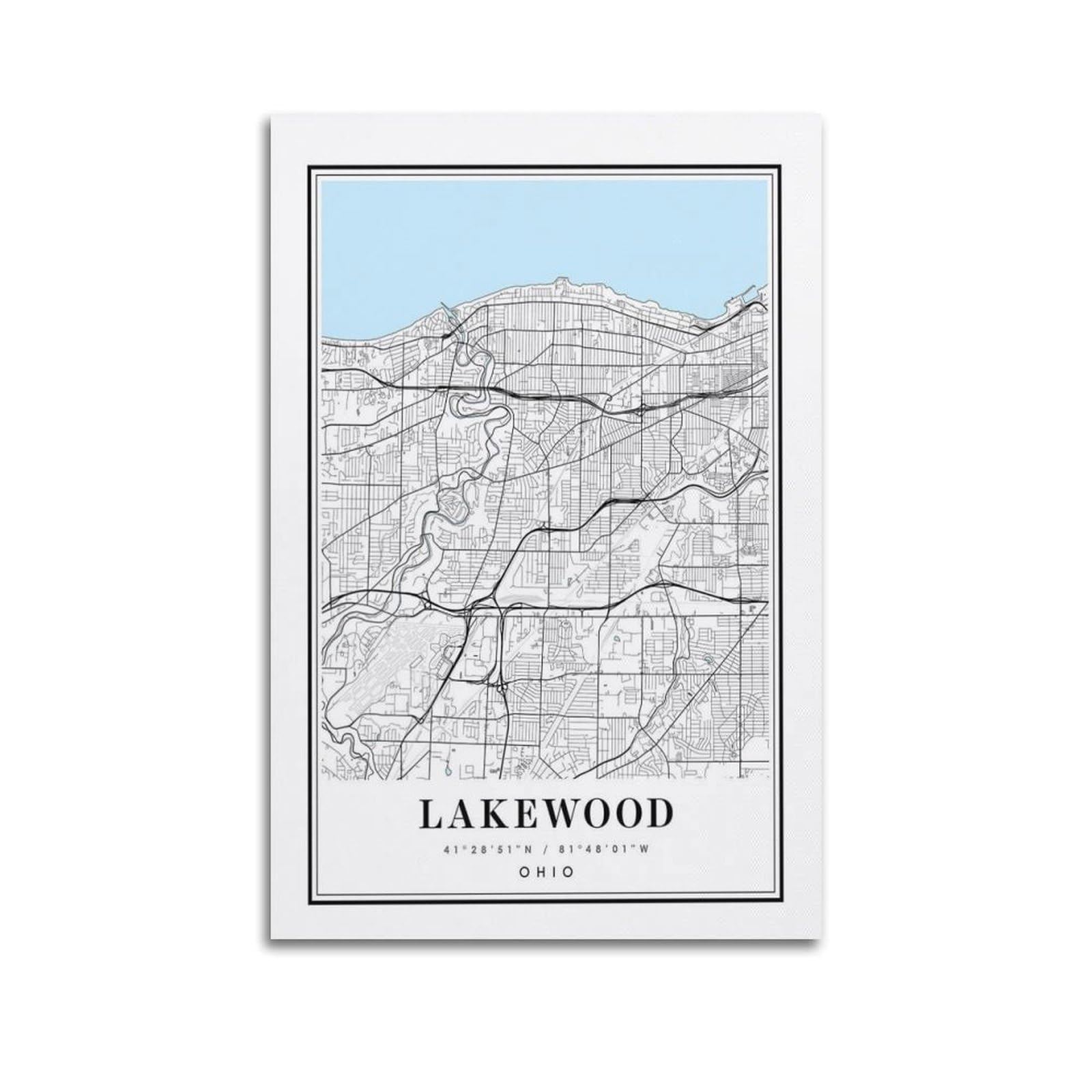 xiaoxiaoshen Lakewood Ohio Map Canvas Poster Wall Art Prints Room Aesthetic Murals Bedroom And Living Decorations 20x30inch(50x75cm)