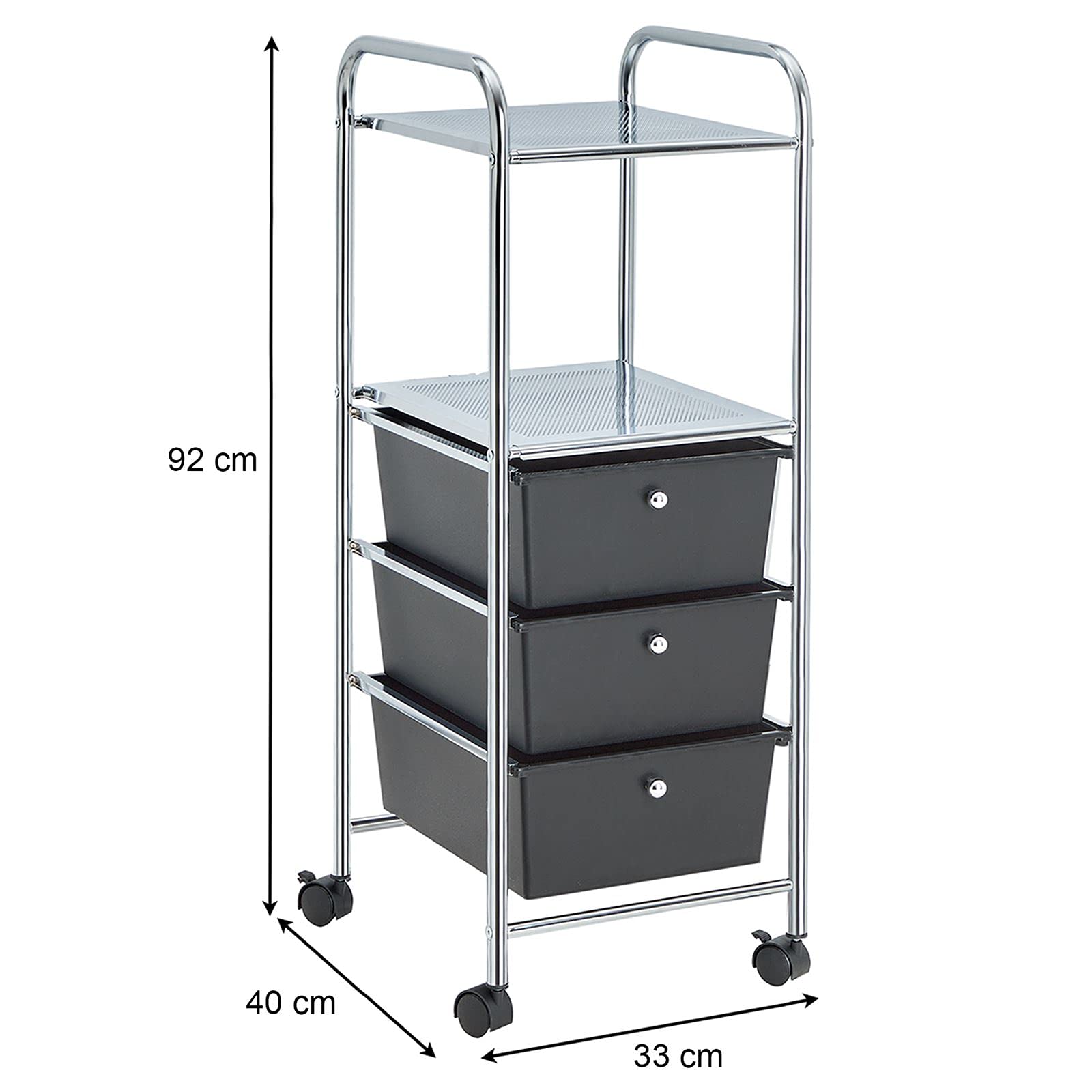 IDIMEX Caisson sur roulettes GINA Chariot avec 3 tiroirs en Plastique Noir et 2 étagères, Meuble de Rangement pour Salle de Bain en métal chromé