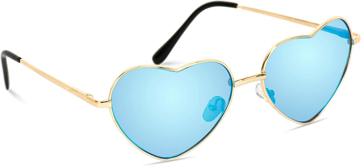 Women Metal Heart Frame Mirror Lens Cupid Heartshape Sunglasses Gold Frame / Mirror Blue Lens 55 Millimeters