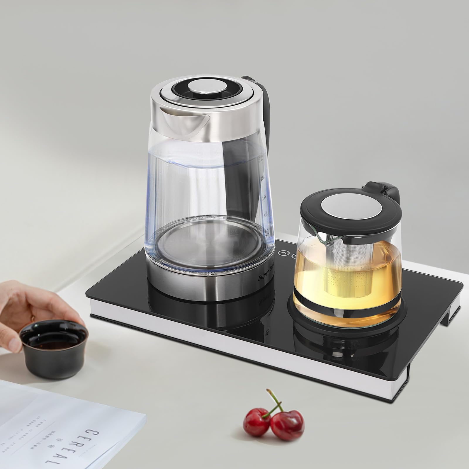 Bollitore elettrico, 2,5 l, 1000 ml, doppio fuoco, in acciaio inox, vetro e plastica, filtro display Lcd, produzione di varie bevande come caffè, tè, ufficio, hotel, appartamenti, famiglie, nero