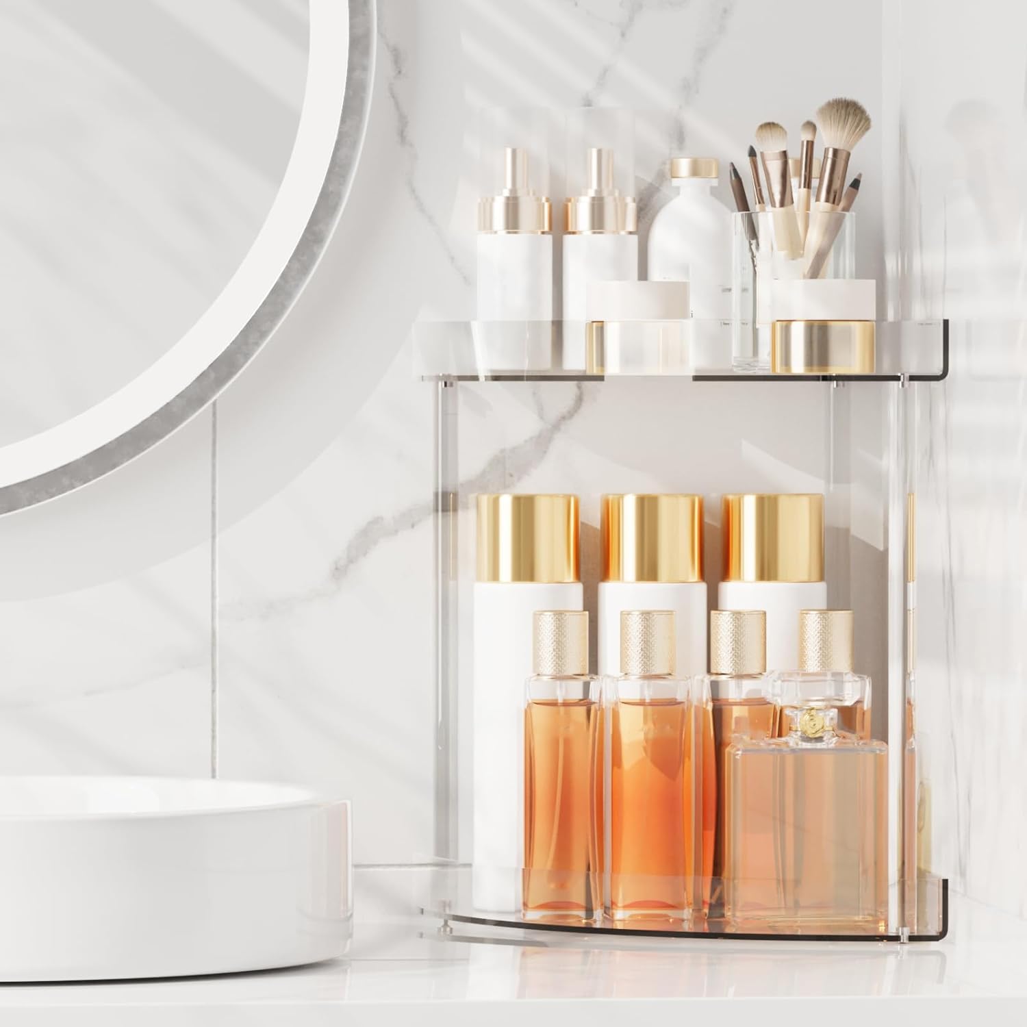 Bathroom Counter Organizer Countertop 2 Tier Storage Acrylic Corner Makeup Organizer for Makeup, Perfume, Vanity, Spice Rack, Bathroom Sink, Coffee Station(Clear)