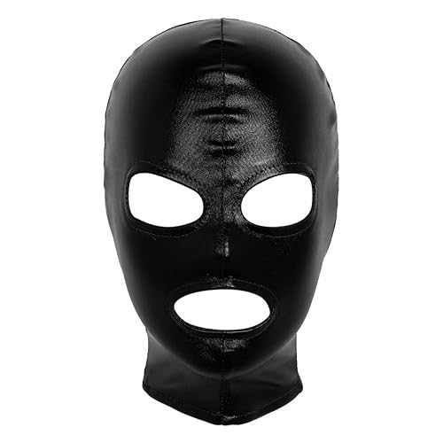 Huimingda Full Cover Zentai Hood Mask for Women Men Latex Shiny Metallic Opened Mouth Show Eyes Face Mask Black One Size - Black