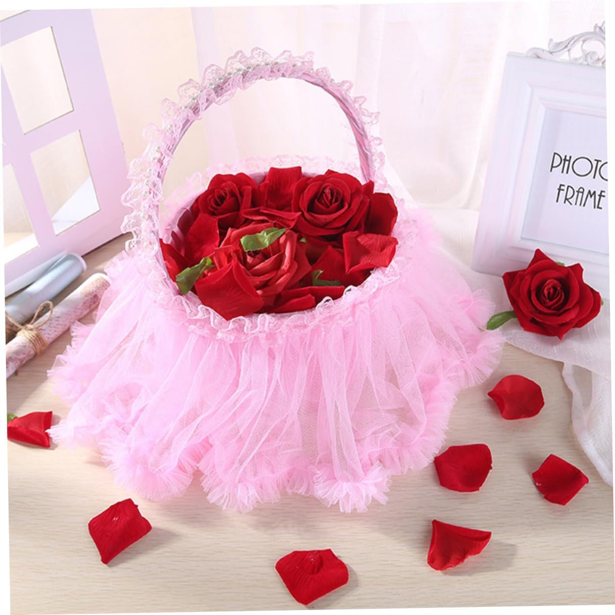 KALLORY Lace Petal Scattering Basket Pink Wedding Party Flower Basket Romantic Ceremony Supplies