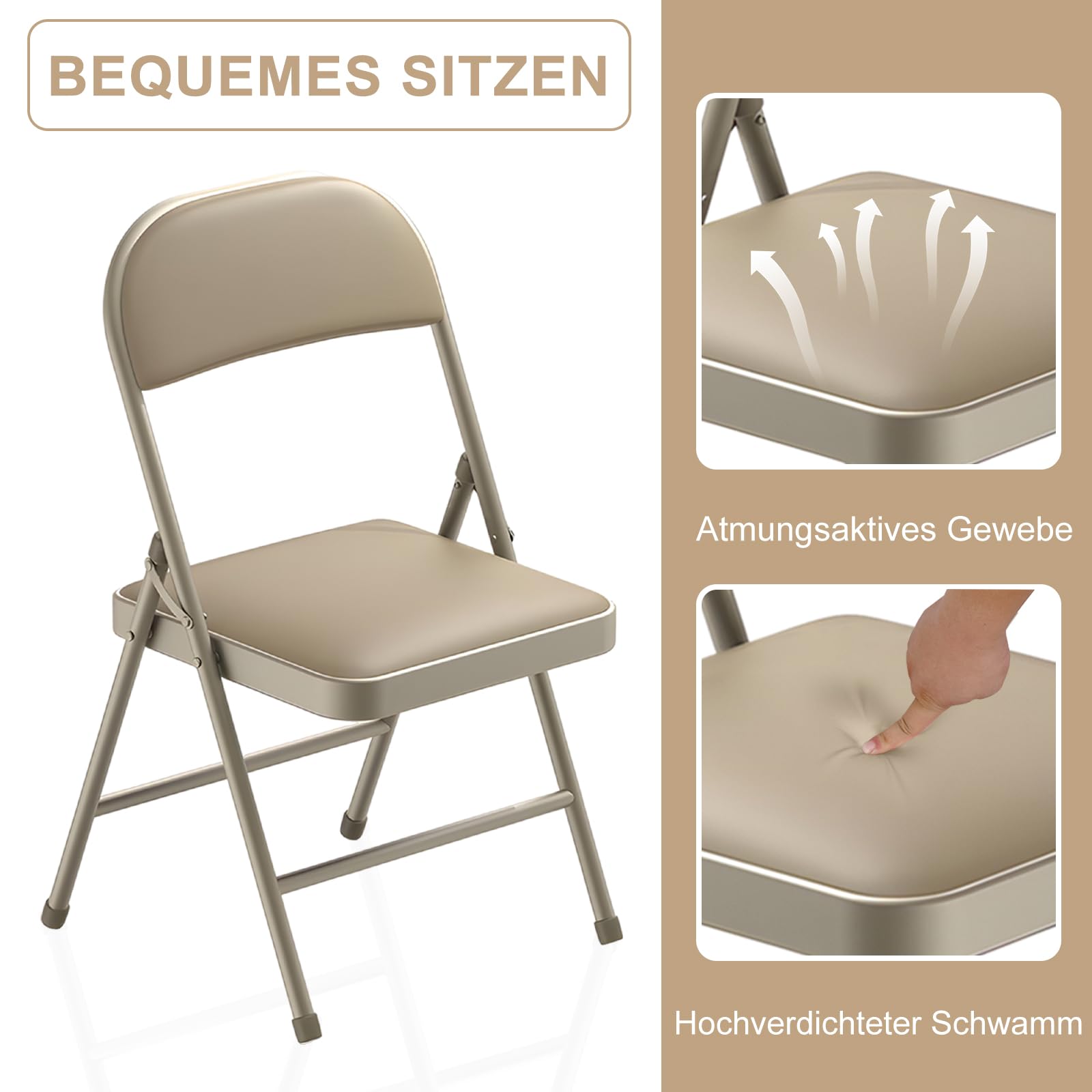 BULAGE Set da 4 sedie pieghevoli imbottite, sedia pieghevole di Alta qualità in Metallo, comode e impilabili, portata: 158 kg, sedie pieghevoli da esterno interno per cucina, yoga, campeggio, kaki