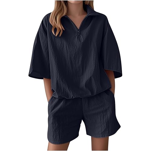Sinzelimin Womens Matching Lounge Outfits Short Sleeves Zipper up Lapel Oversized Shirts and Shorts Loose Comfy 2 Piece Set