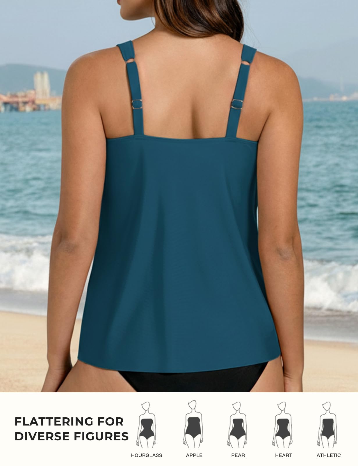 Hanna Nikole Haut tankini pour femme, haut de maillot de bain à bretelles réglables, haut de maillot de bain à ourlet fluide, haut de maillot de bain à col en U avec rembourrage (sans bas)