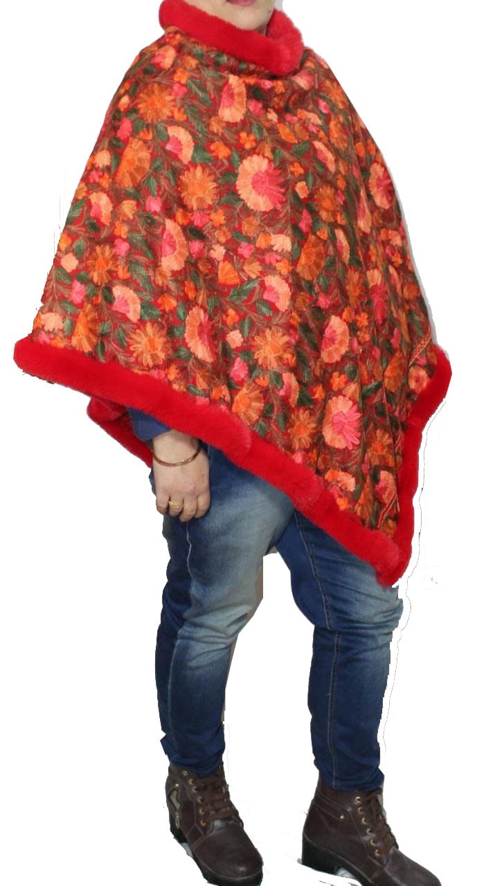 HYM Kashmiri All Over Embroidered Women Poncho Red with Fur-picture-39
