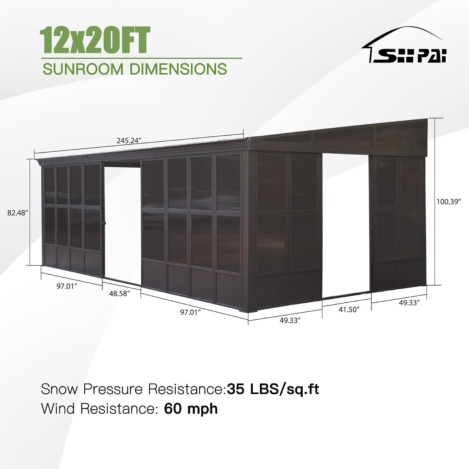 12x20FT Lean to Sunroom, All Weather Wall Mounted Sun Room, Hardtop Aluminum Solarium Gazebo with Galvanized Steel Roof, 3 Sliding Doors, PVC Screen, Outdoor Enclosed Sun Room for Patio, Deck