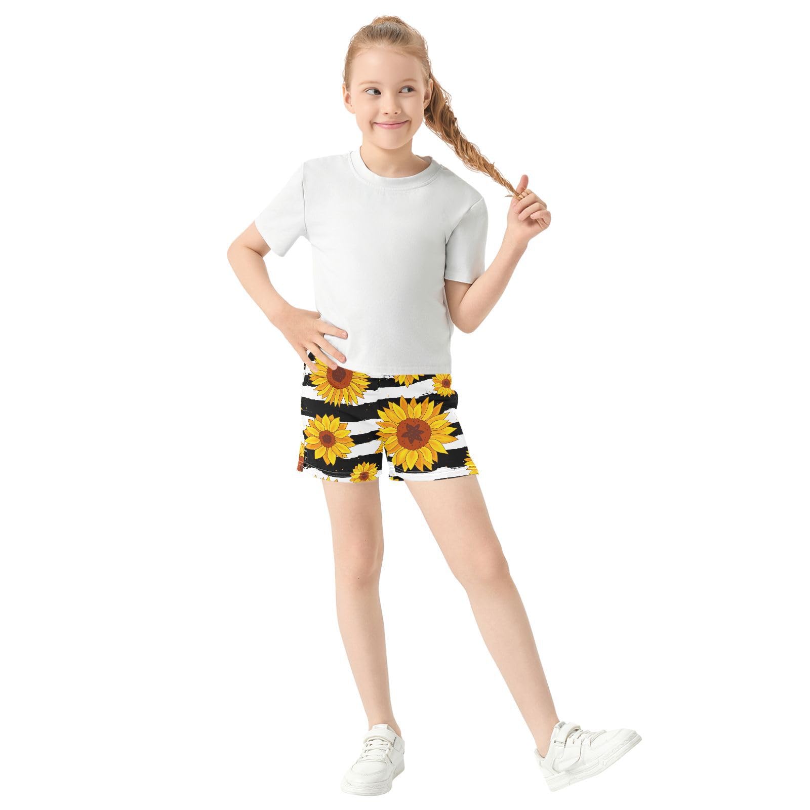 pnyoin Girl's Shorts Sunflower Stripes Athletic Running Shorts with Pockets Size 9-10t Multi