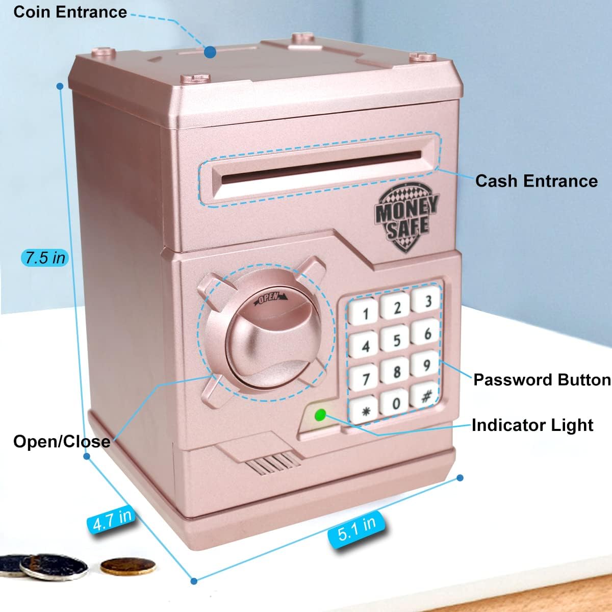 Kids Money Bank, Electronic Piggy Banks, Great Gift Toy for Kids Children, Auto Scroll Paper Money Saving Box Password Coin Bank,Perfect Toy Gifts for Boys Girls (Rose Gold)