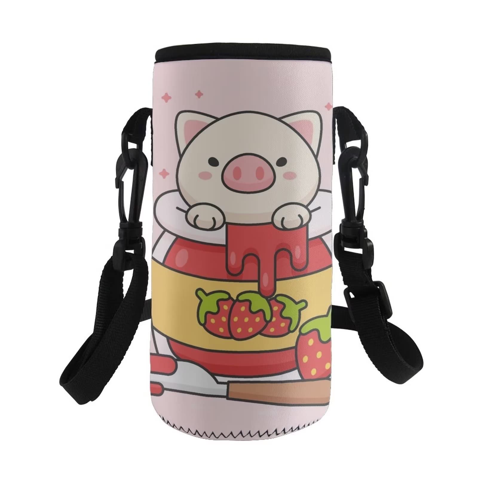 COEQINE Cute Pig Strawberry Print Insulated Neoprene Water Bottle Holder Case Pink,for Stainless Steel/Plastic Bottles Adult Kids Hiking Walking School Bottle Carrier Bag — image 1