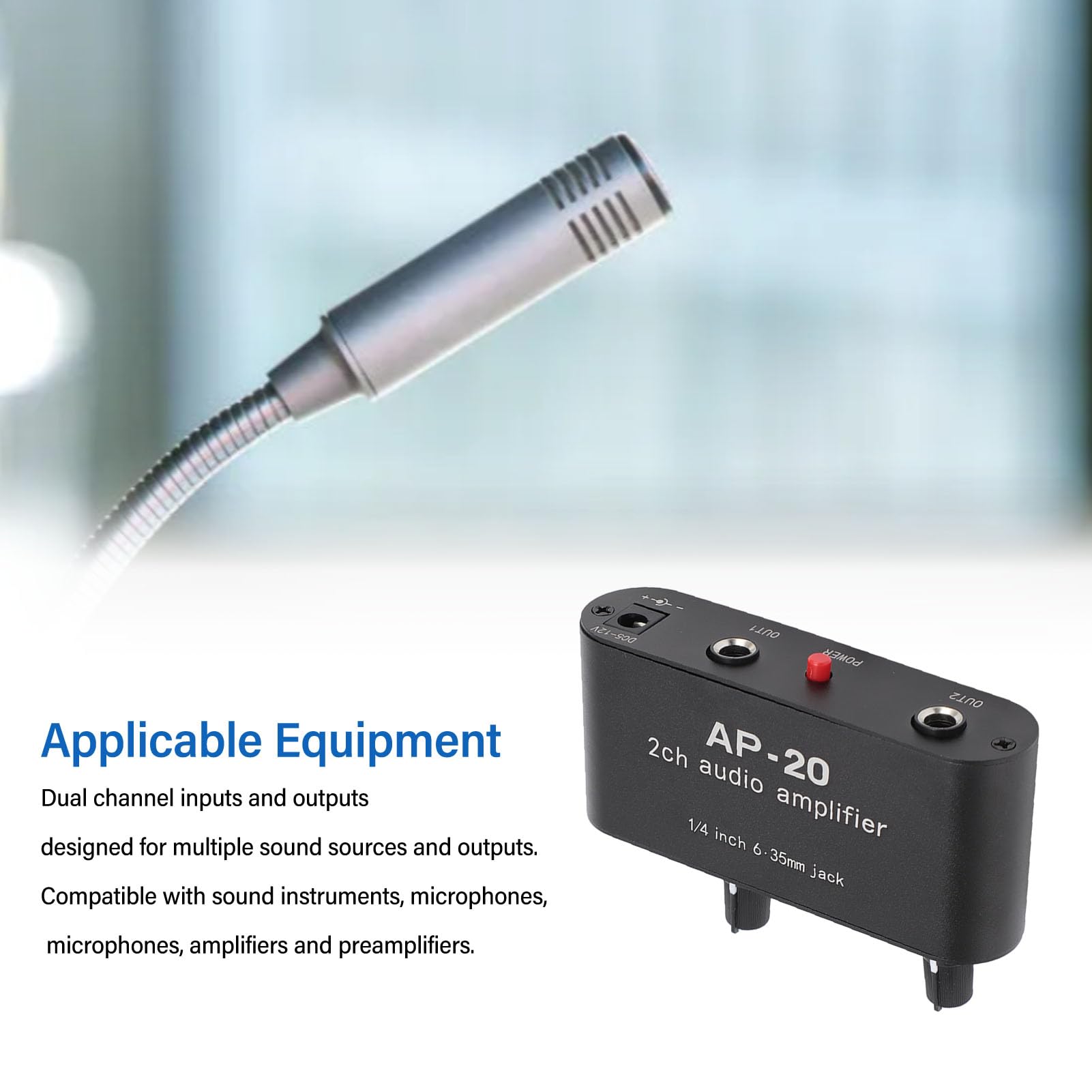 GOWENIC Dual Channel Sound Amplifier, 1/4 Inch 6.35mm Sound Preamplifier with Balanced Inputs Independent Adjustment Compatible with Sound Instruments, Amplifiers, Microphones