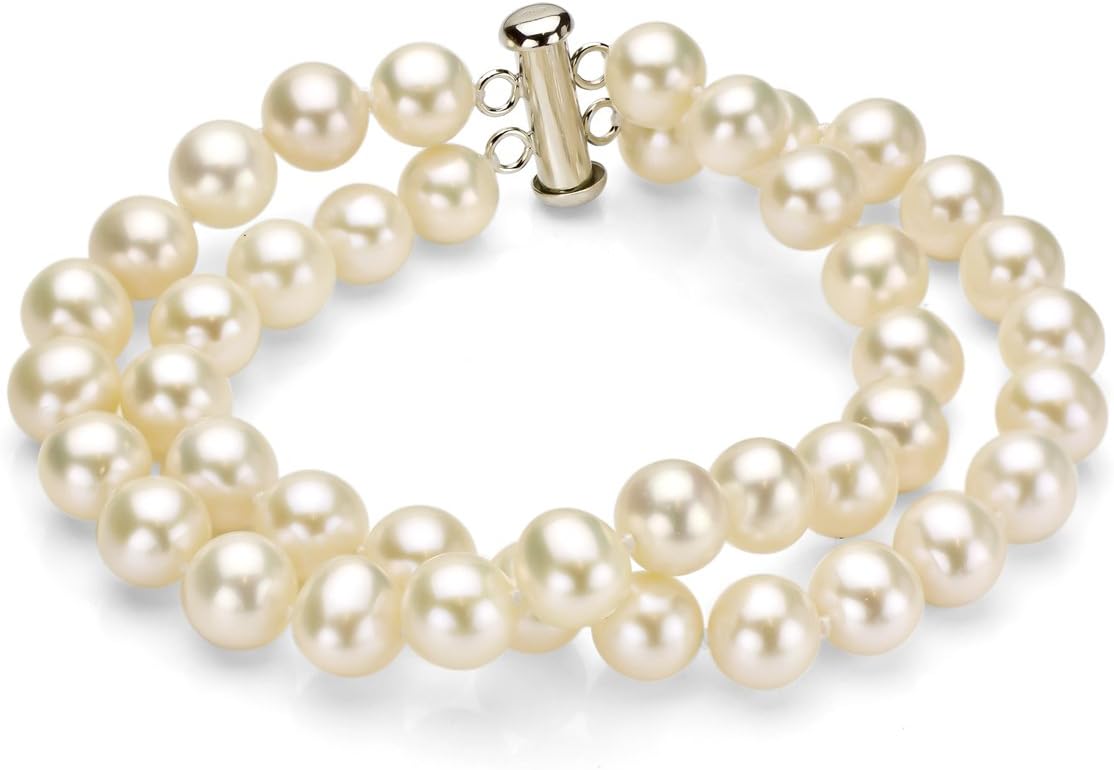 Sterling Silver 2-Rows White Freshwater Cultured Pearl Bracelet Secured with Tube Clasp